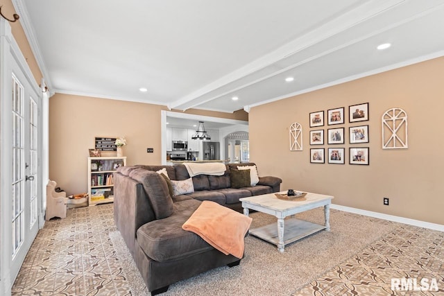 living area featuring crown molding, beamed ceiling, recessed lighting, and baseboards