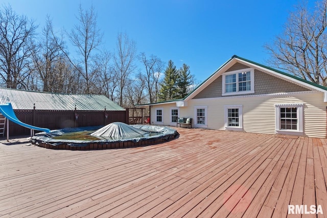 wooden terrace with a covered pool