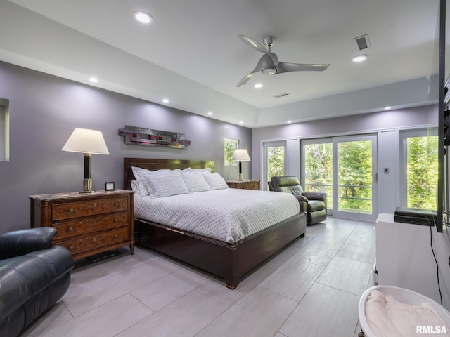 bedroom with access to exterior, visible vents, a ceiling fan, and recessed lighting