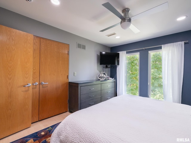 bedroom with a ceiling fan, visible vents, and recessed lighting