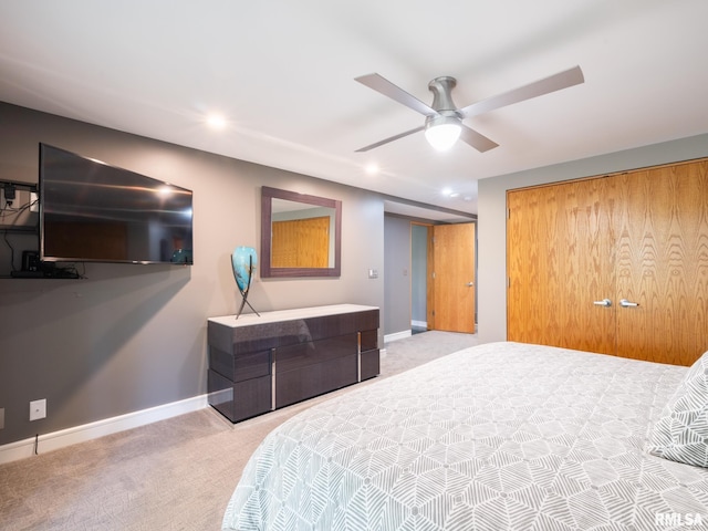 carpeted bedroom with recessed lighting, a ceiling fan, and baseboards