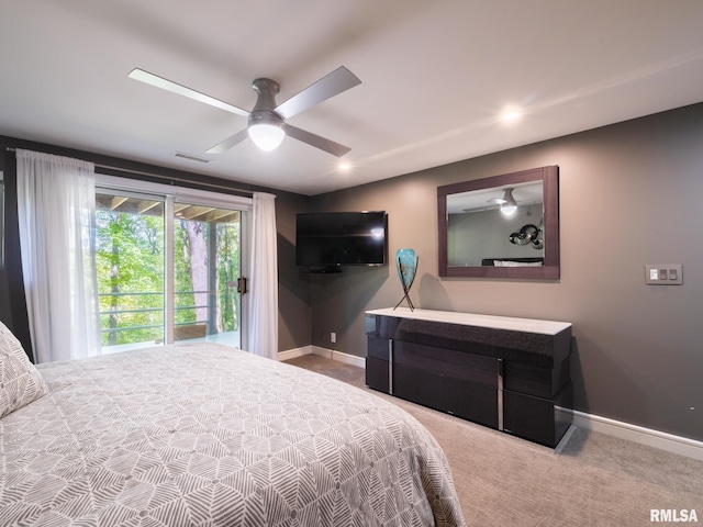 bedroom with a ceiling fan, access to exterior, visible vents, baseboards, and carpet