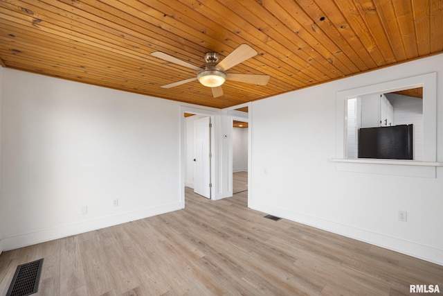 unfurnished room with wooden ceiling, light wood finished floors, baseboards, and visible vents