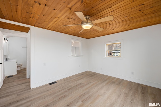 empty room with light wood finished floors, visible vents, a ceiling fan, wooden ceiling, and baseboards