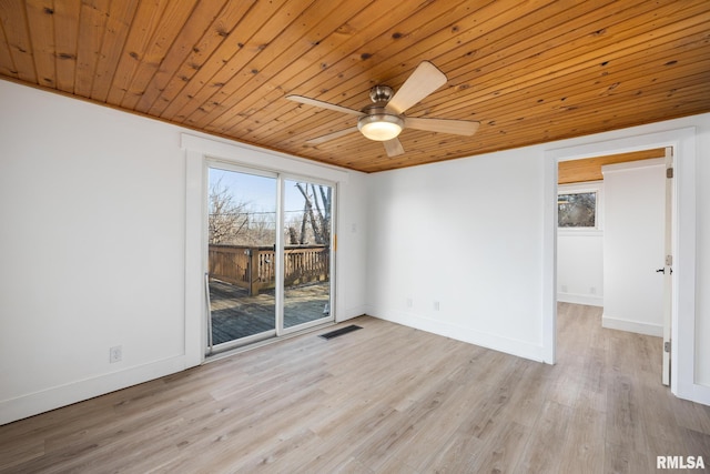 spare room with baseboards, wood ceiling, visible vents, and light wood-style floors