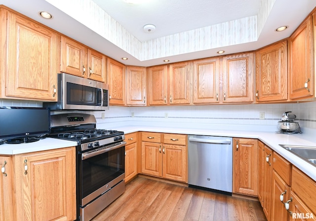 kitchen featuring backsplash, stainless steel appliances, light countertops, and light wood-style floors