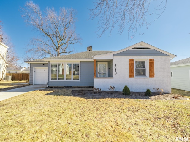 single story home featuring concrete driveway, a chimney, fence, central air condition unit, and brick siding