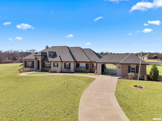 french provincial home featuring concrete driveway, an attached carport, a front yard, and brick siding