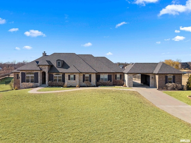 view of front of property featuring a chimney, a front lawn, driveway, and brick siding