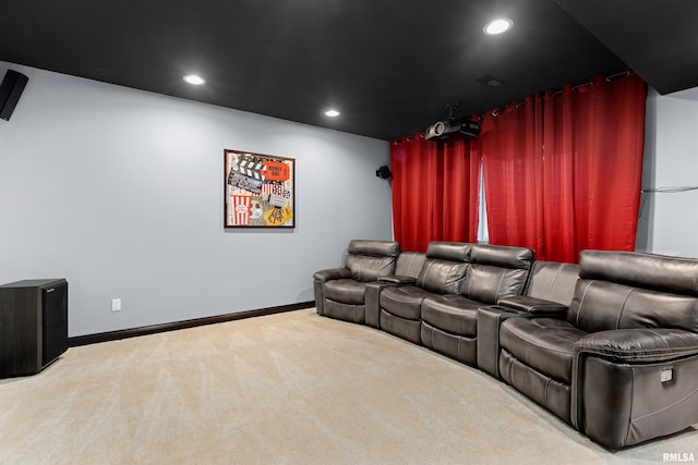 carpeted home theater with recessed lighting, visible vents, and baseboards