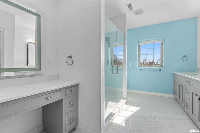 full bathroom with a shower stall, baseboards, vanity, and visible vents