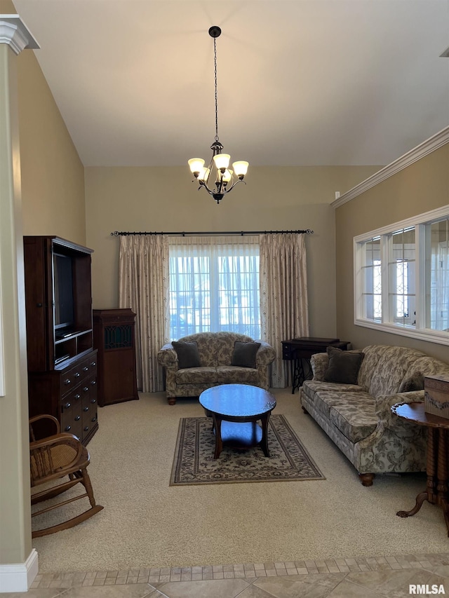 living room with carpet and a notable chandelier