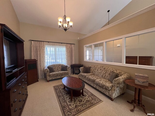 living area featuring lofted ceiling, carpet flooring, and an inviting chandelier