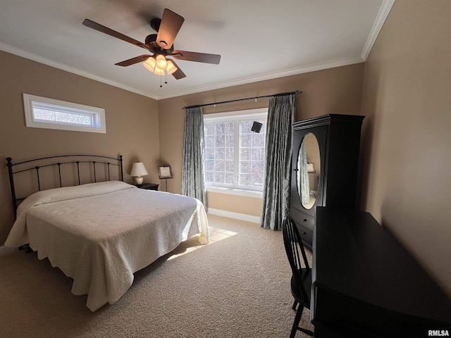 bedroom with light carpet, baseboards, ornamental molding, and ceiling fan