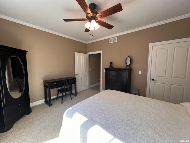 bedroom with light colored carpet, a ceiling fan, baseboards, visible vents, and crown molding