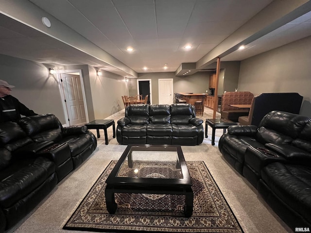 carpeted home theater room with recessed lighting