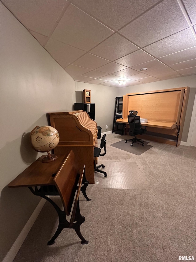 office area with carpet flooring, a paneled ceiling, and baseboards