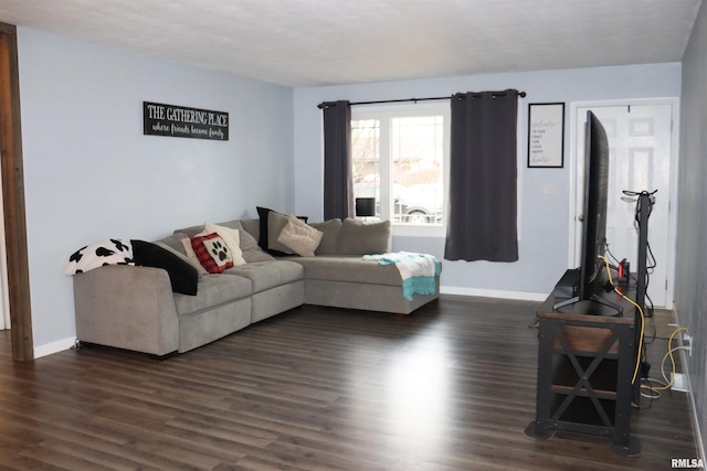 living area featuring baseboards and dark wood-style flooring