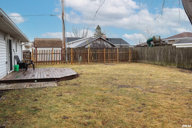 view of yard with a fenced backyard and a deck