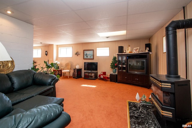 living area with carpet, a wood stove, and a paneled ceiling