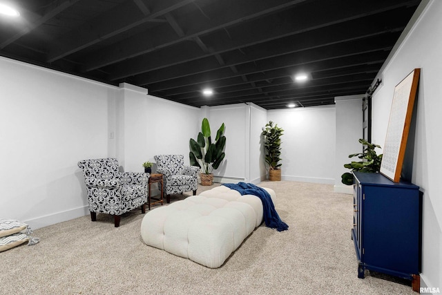 living area featuring baseboards, carpet flooring, and baseboard heating