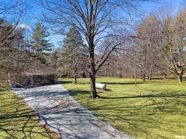 view of property's community featuring driveway and a lawn