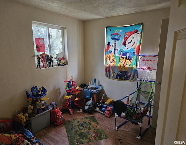 playroom with a textured ceiling and wood finished floors