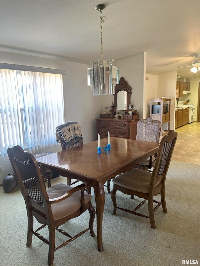 dining area with light colored carpet