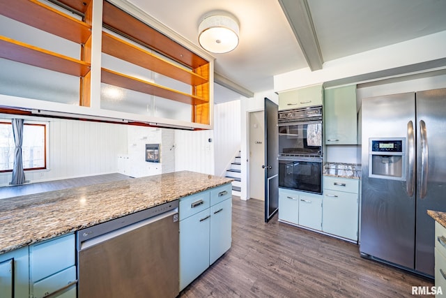 kitchen with stone counters, open shelves, beam ceiling, dark wood-type flooring, and appliances with stainless steel finishes