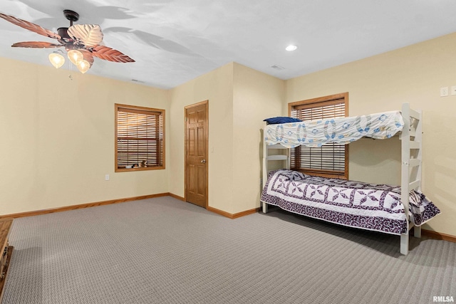 carpeted bedroom with recessed lighting, visible vents, ceiling fan, and baseboards