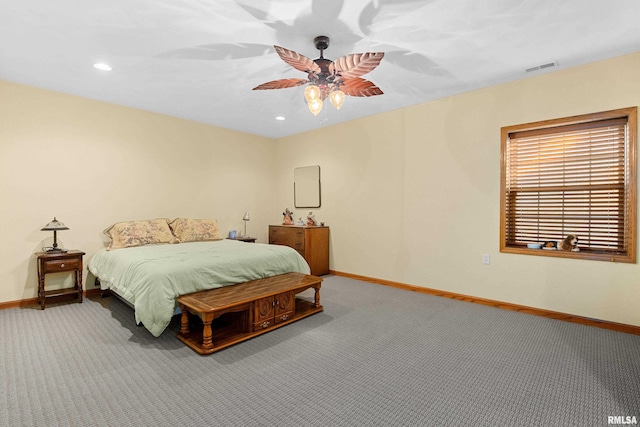 carpeted bedroom with visible vents, baseboards, and recessed lighting