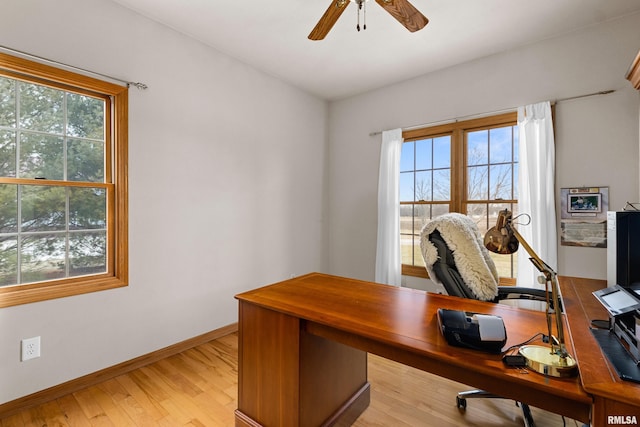 office area with light wood-type flooring, a ceiling fan, and baseboards