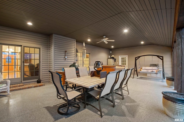 dining area featuring lofted ceiling, a ceiling fan, and recessed lighting