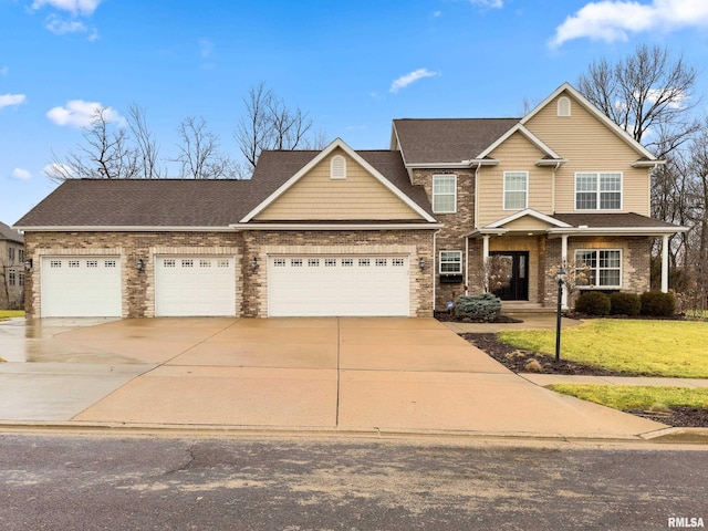 craftsman-style house featuring driveway, a garage, a shingled roof, a front lawn, and brick siding