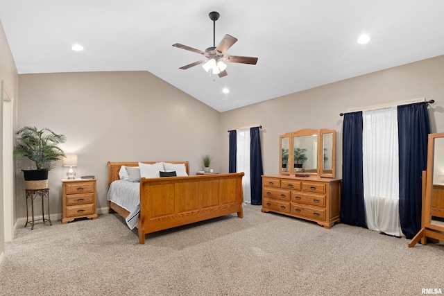 bedroom featuring a ceiling fan, lofted ceiling, light colored carpet, and recessed lighting