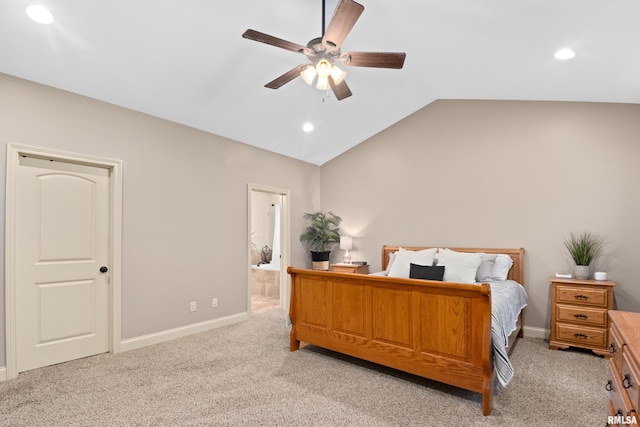 bedroom featuring recessed lighting, light carpet, vaulted ceiling, and baseboards