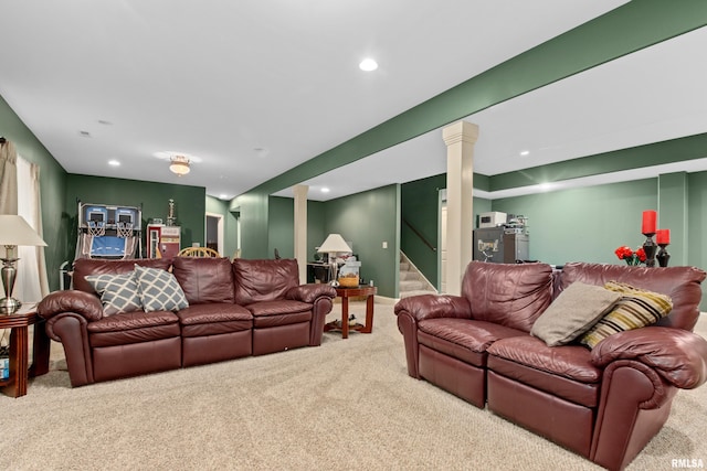 living area featuring stairs, carpet, and recessed lighting