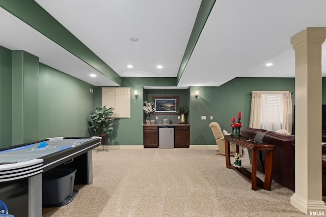 playroom with carpet floors, indoor bar, decorative columns, recessed lighting, and baseboards