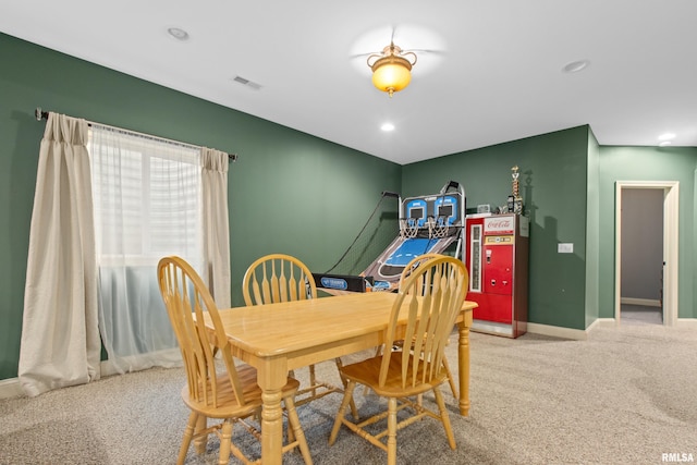 dining room featuring recessed lighting, baseboards, visible vents, and carpet flooring