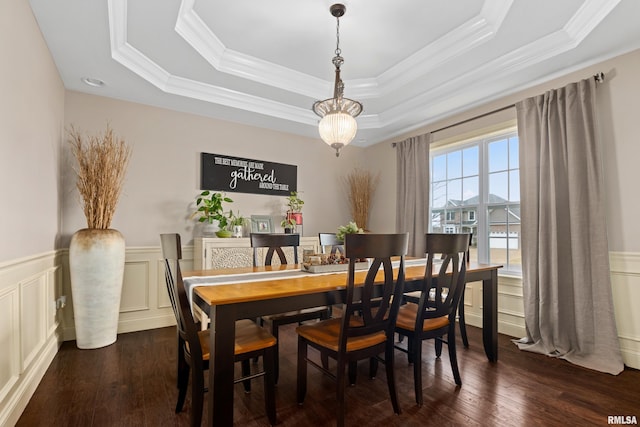 dining space with a wainscoted wall, a tray ceiling, and dark wood finished floors