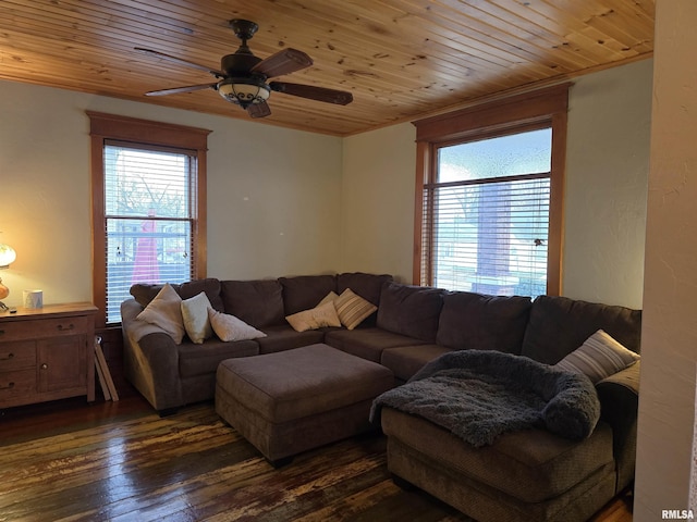 living room with wood ceiling, a ceiling fan, and dark wood-style flooring