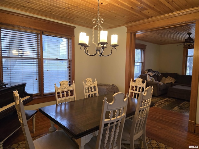 dining area featuring wooden ceiling, crown molding, wood finished floors, and ceiling fan with notable chandelier