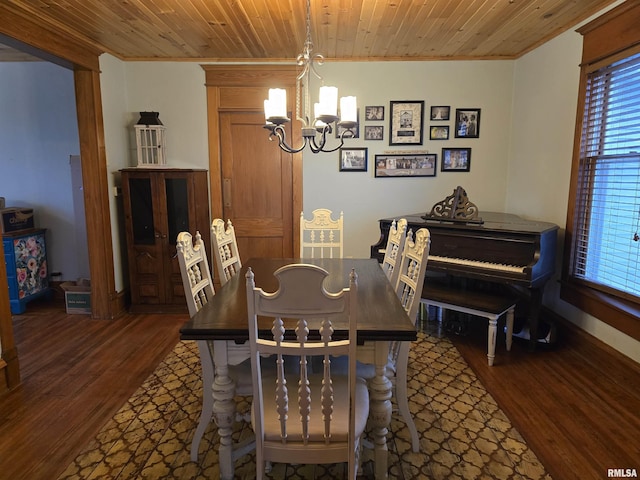 dining room with crown molding, wooden ceiling, wood finished floors, and an inviting chandelier