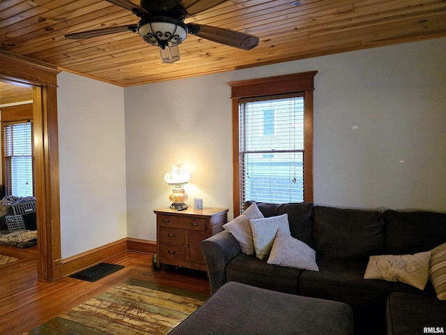 living area with a healthy amount of sunlight, visible vents, wooden ceiling, and wood finished floors