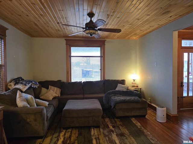 living room with plenty of natural light, wood finished floors, and wood ceiling