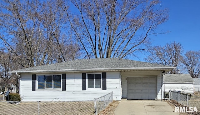 ranch-style house with a garage, roof with shingles, fence private yard, and concrete driveway