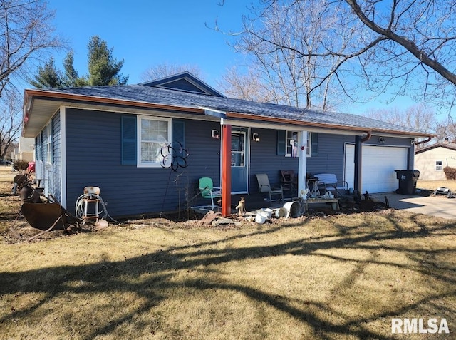 ranch-style home with a garage, concrete driveway, roof with shingles, covered porch, and a front lawn