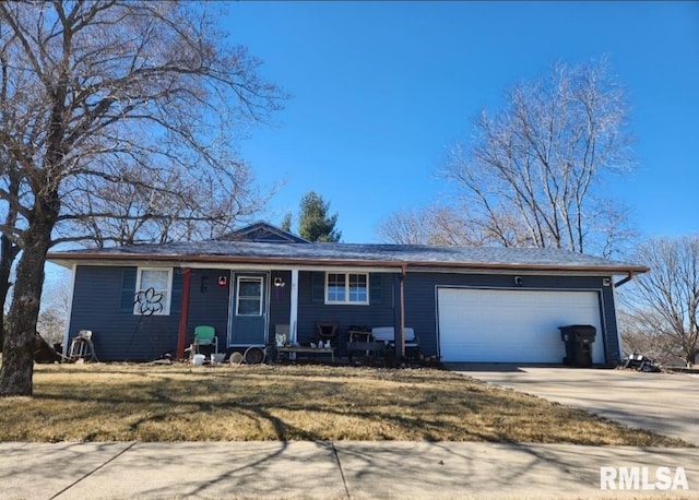 single story home featuring a garage, a front yard, driveway, and a porch