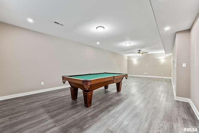 game room featuring a ceiling fan, wood finished floors, visible vents, baseboards, and pool table