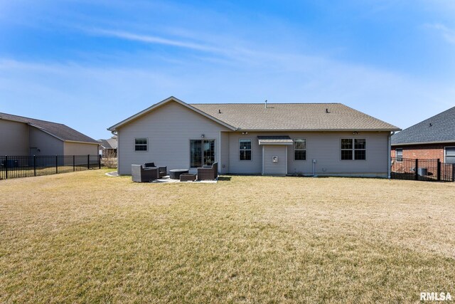 rear view of property featuring a patio, central air condition unit, a lawn, and a fenced backyard